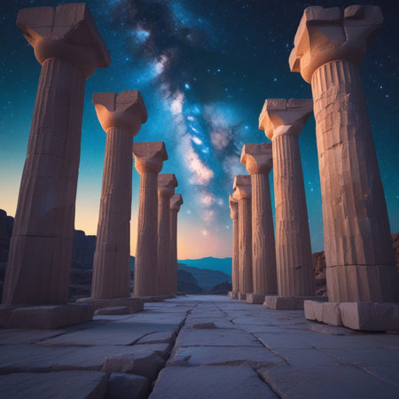 Ancient greek temple of Poseidon at night with the Milky Wayの素材