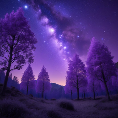 Fantastic night landscape with starry sky and purple trees.の素材