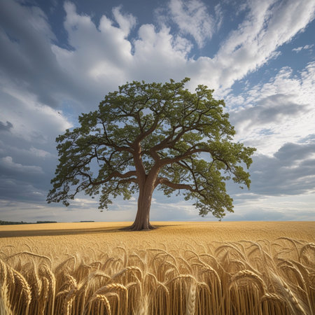 A single tree in a wheat field under a blue sky with cloudsの素材