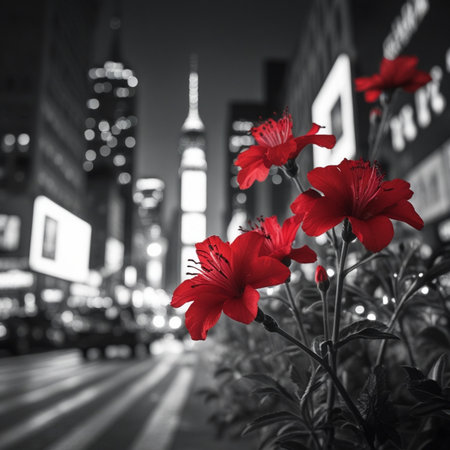 Red hibiscus flowers in New York City, USA.の素材