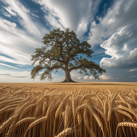 3d rendering of an old tree in a wheat field under a cloudy skyの素材
