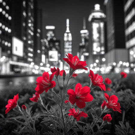 beautiful red flower in the city at night, black and whiteの素材