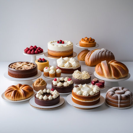 Assortment of pastries on a white background. Top view.の素材