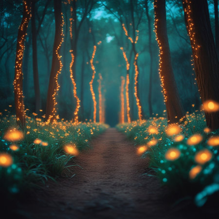 Magic forest path with glowing fairy lights in the evening. Fairytale landscapeの素材