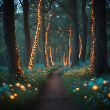 Path in the forest at night with glowing garland. 3D renderingの素材