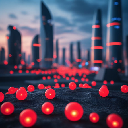 Futuristic city with skyscrapers and red balls. 3d renderingの素材