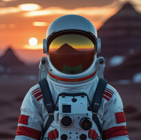 Astronaut in the desert of Egypt at sunrise. Travel concept.の素材