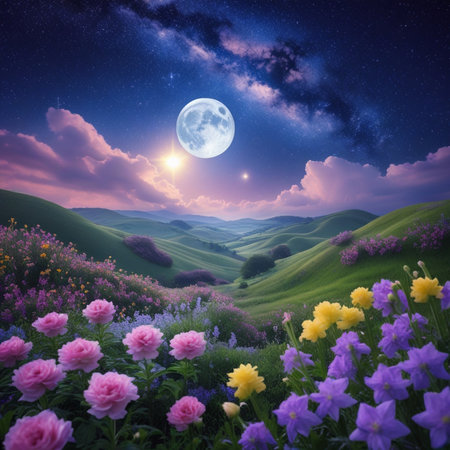 Beautiful fantasy landscape with flowers and full moon. 3d renderingの素材