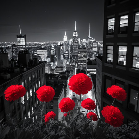 Black and white image of New York City skyline with red carnation flowers.の素材
