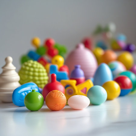 Close up of colorful baby toys on white wooden table, selective focusの素材