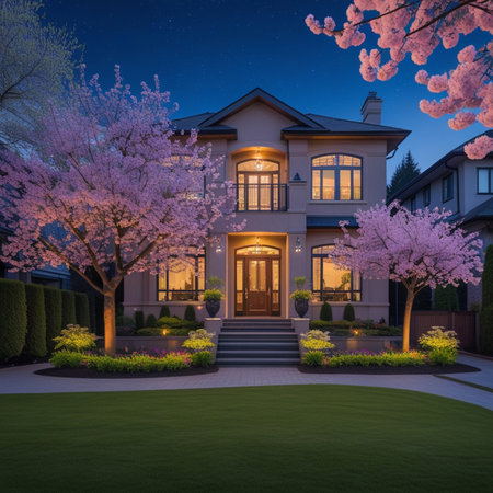 3d rendering of modern cozy house with garage and pool for sale or rent with beautiful landscaping on background. Clear summer night with many stars.の素材