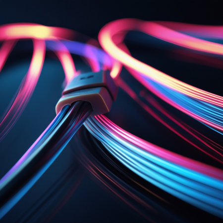 Fiber Optic cables closeup with blue and pink neon lightsの素材