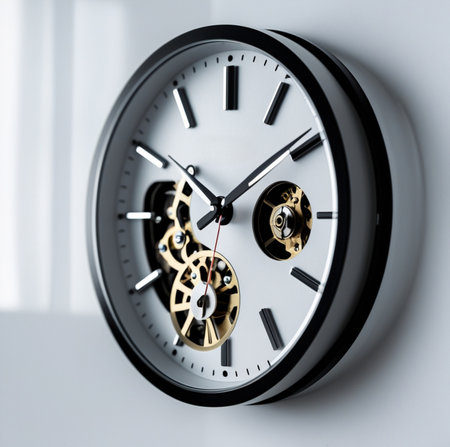 Clock face close up on white wall background. Time concept. 3D Renderingの素材