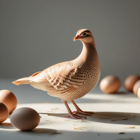 Easter composition with quail and eggs on a light background.の素材