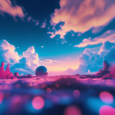 Fantasy landscape with planet and sunset. 3d render illustration.の素材