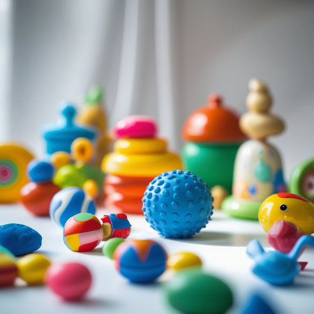 Colorful baby toys on white background. Selective focus, shallow depth of field.の素材