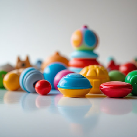 Colorful wooden toys on a white background. Selective focus.の素材