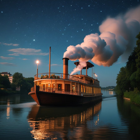 Night view of a steamboat on the river with stars in the skyの素材