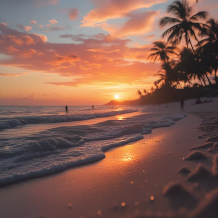 Beautiful sunset on the beach with palm trees in the background.の素材