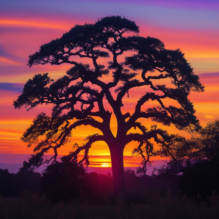 Silhouette of a tree at sunset in Serengeti National Park, Tanzaniaの素材