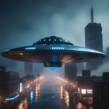 UFO flying over the city at night, 3d rendering.の素材
