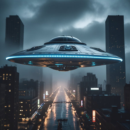 Flying saucer over the city at night. Futuristic concept. 3D Renderingの素材