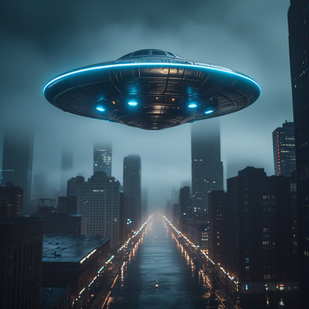 Flying saucer over the city at night. 3D Renderingの素材