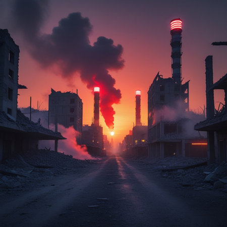 Industrial landscape with smoking chimneys on the background of a sunsetの素材