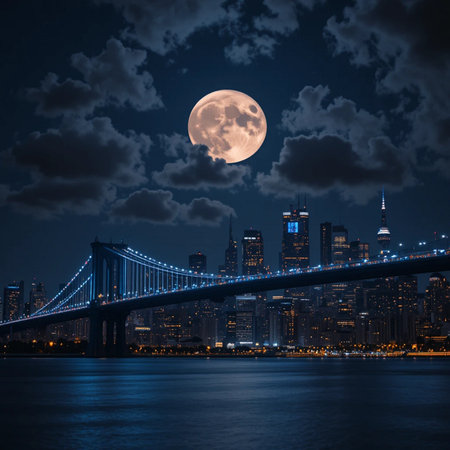 Moon over Brooklyn Bridge and Manhattan skyline at night, New York Cityの素材