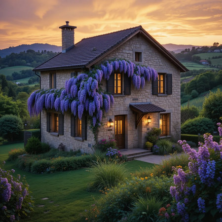 Luxury villa in the countryside at sunset with purple flowers.の素材