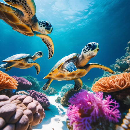 Hawaiian Green Sea Turtle (Eretmochelys imbricata) on coral reef in Hawaiiの素材