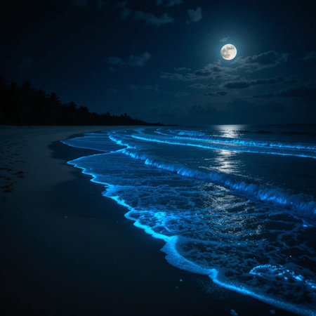 Beautiful night view of the beach in full moon light. Long exposure photographyの素材