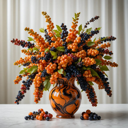 Autumn bouquet in a vase on a white marble tableの素材
