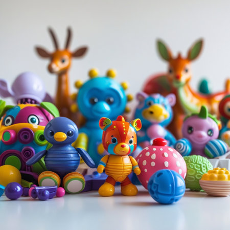 Group of colorful toys on a white background, close-up.の素材