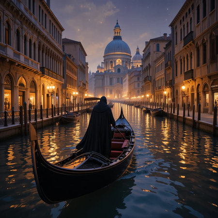 Gondola in the Grand Canal at night, Venice, Italyの素材