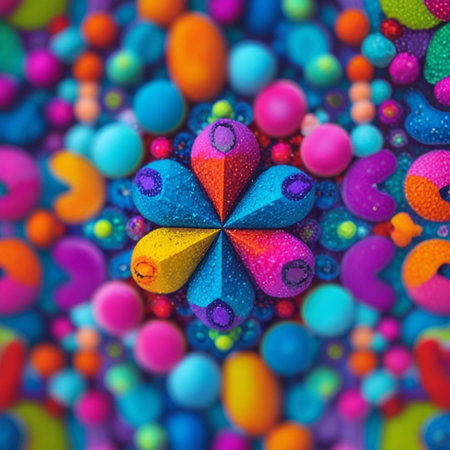 Colorful beads in the form of a flower on a colorful backgroundの素材