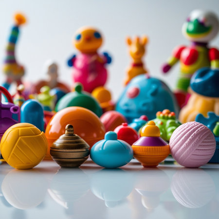 Variety of toys on white background. Selective focus and shallow depth of field.の素材