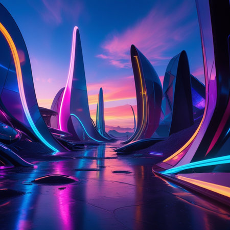 3D rendering. Futuristic city at sunset. Futuristic city.の素材