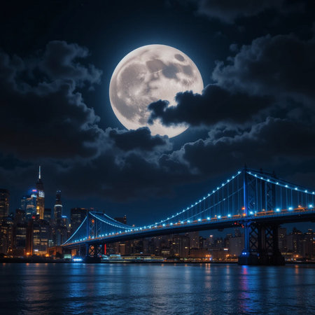 Manhattan Bridge in New York City at night with full moon.の素材