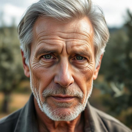 Portrait of a senior man with gray hair and beard in a parkの素材