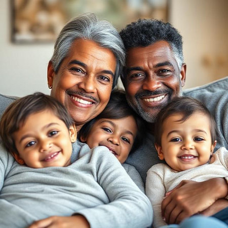 Portrait of a happy senior man with his family looking at cameraの素材