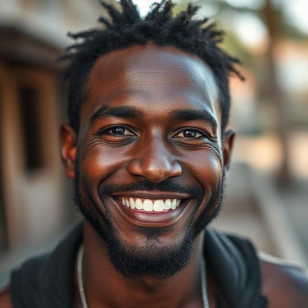 Close up portrait of a handsome African American man smiling outdoorsの素材