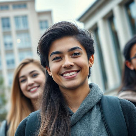 Portrait of a happy young Asian man smiling with his friendsの素材