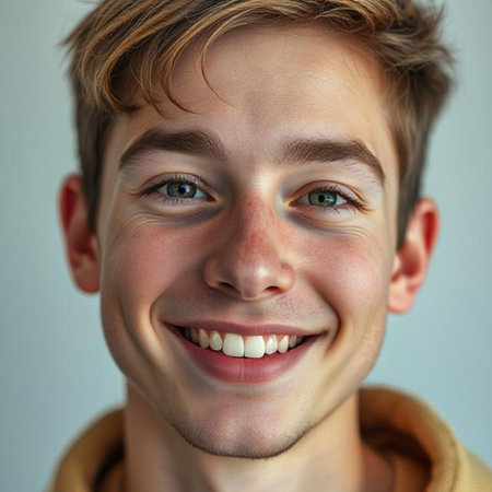 Close-up portrait of a smiling young man looking at the cameraの素材