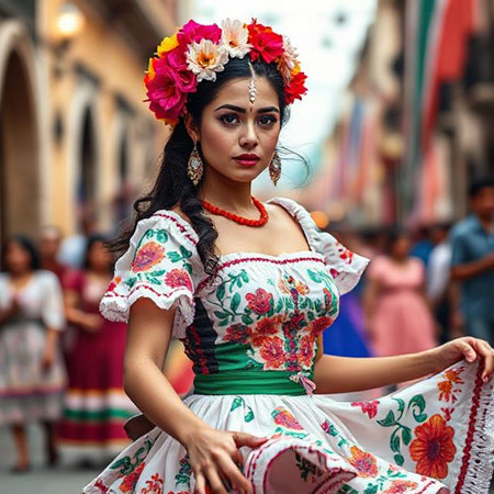 Unidentified Mexican woman in traditional costume participates in the annual carnival in Oaxaca, Mexico.の素材