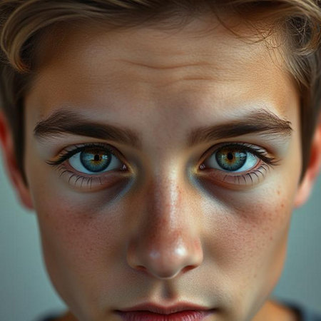 Close-up portrait of a boy with blue eyes and blond hairの素材