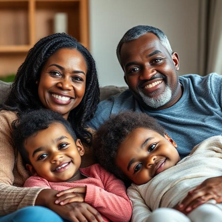 Portrait of happy African American family sitting on sofa at homeの素材