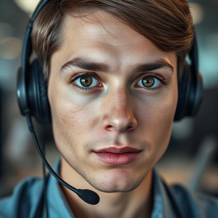 Close-up portrait of a young man with headphones in the officeの素材