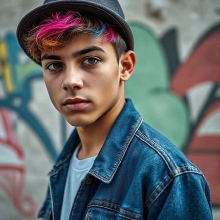 Portrait of a handsome young man with colorful hair, wearing a denim jacket and a capの素材