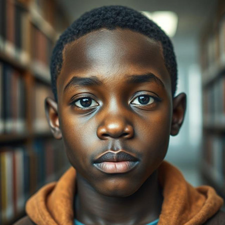 Portrait of African American boy looking at camera in libraryの素材